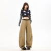 Spring Summer Heavy Faded Washed Camel Pure Cotton Patchwork Loose Saber Cut Trendy Denim Long Pants Ladies Casual Pants Oversize Denim Trousers