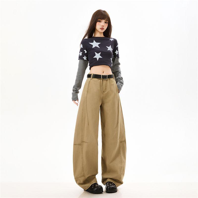 Spring Summer Heavy Faded Washed Camel Pure Cotton Patchwork Loose Saber Cut Trendy Denim Long Pants Ladies Casual Pants Oversize Denim Trousers