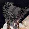 Handmade Vintage Victorian Gothic Tea Party Lace Straw Hat Lolita Girls Flowers Bonnet with Ruffles Halloween Black Headdress