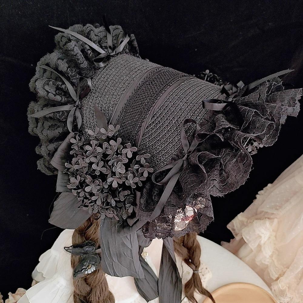 Handmade Vintage Victorian Gothic Tea Party Lace Straw Hat Lolita Girls Flowers Bonnet with Ruffles Halloween Black Headdress