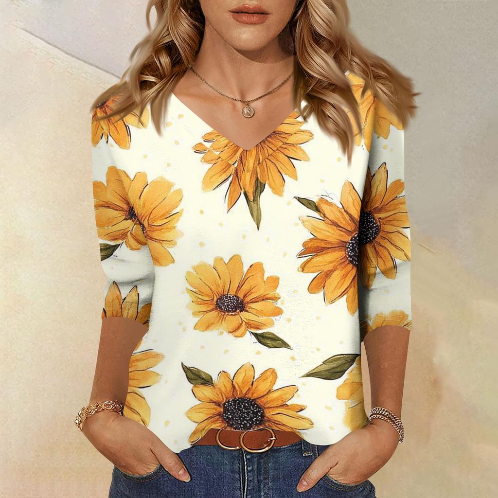 Women's Fashionable Casual V-Neck Three-Quarter Sleeve Printed T-Shirt Top