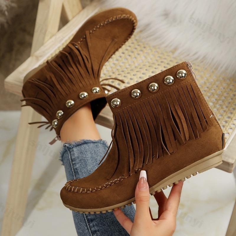 Women's Fashion Tassel Designed Casual Retro Short Boots  Autumn New Versatile Comfortable Non Slip Roman Style Ankle Boots