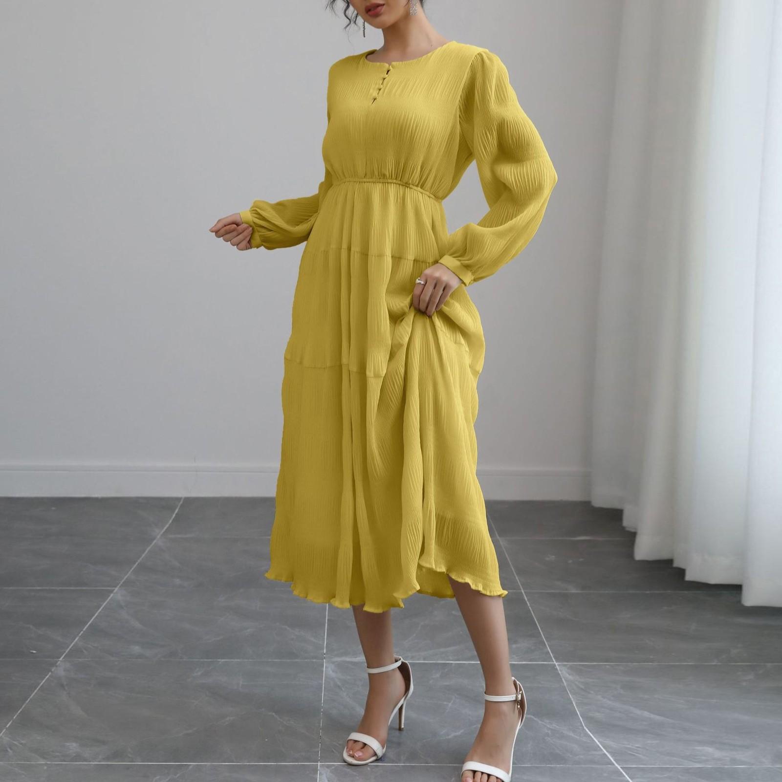 

Літня сукня Жіноча Довга Бохо Пляжна Сукня Елегантна Максі Сукня V-подібний Виріз Короткий Рукав Літня Туніка Легка Повітряна M жовтий