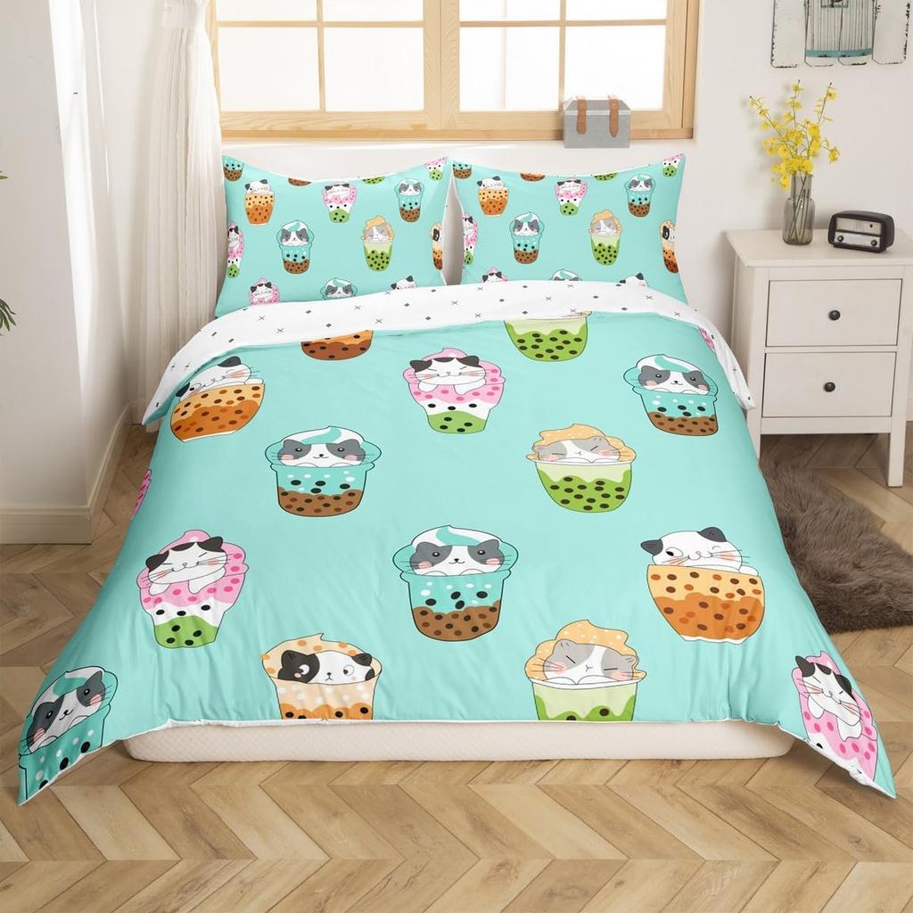 Lovely Bohemian Style Cup Shaped Tea Party Soft Duvet Cover Quen Sized Dimensions Children Kids Rom Decor Watercolor Cofe Beding Cup 3 Piece Set