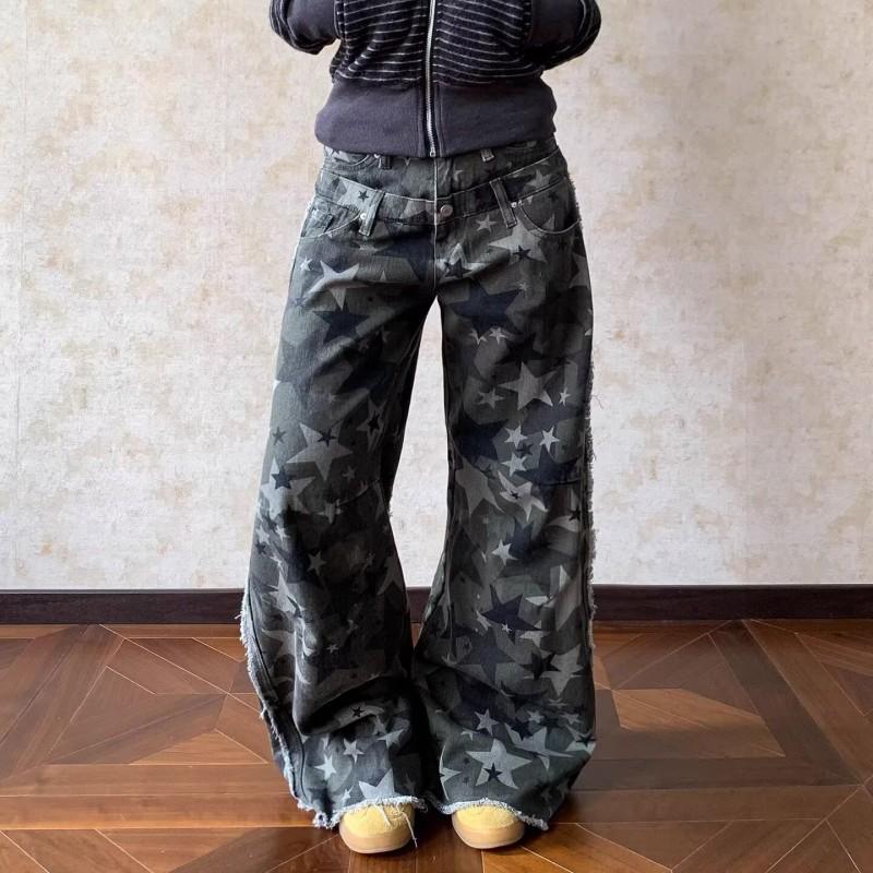 Camouflage Wide Leg Denim Pants Women High Waist Loose Fit Street Style Trousers