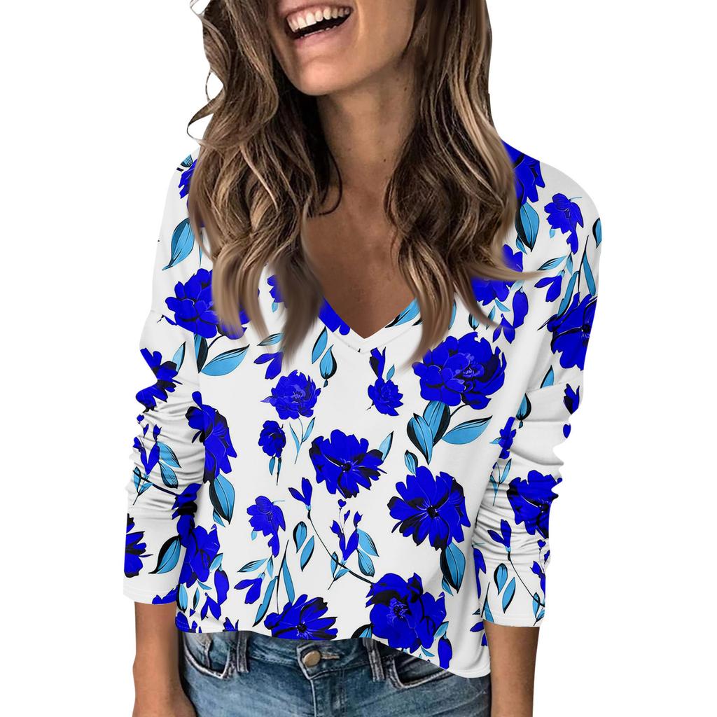 Ladies' Fashionable Casual Long Sleeved Retro Floral Print V-Neck Top Women'S T-Shirts Women Clothes Playeras De Mujeres