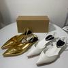Mid Heel Party Shoes for Women  Fashion Gold White Slip-on Summer Solid Office Career Pointed Toe Slingback Ladies Sandals