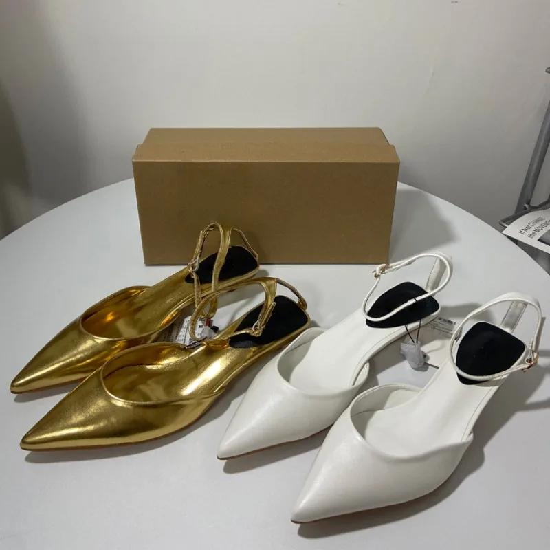 Mid Heel Party Shoes for Women  Fashion Gold White Slip-on Summer Solid Office Career Pointed Toe Slingback Ladies Sandals