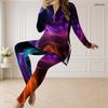 Women Plus Size Multicolor Printed Half Zip Long Sleeve Longline Top Fitted Pants Two Piece Set