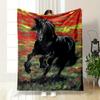 Black Horse Galloping Floral Field Blanket Bedroom Blanket for Livingroom Couch Lunch Break Soft Throw for Friend's Festival Gift