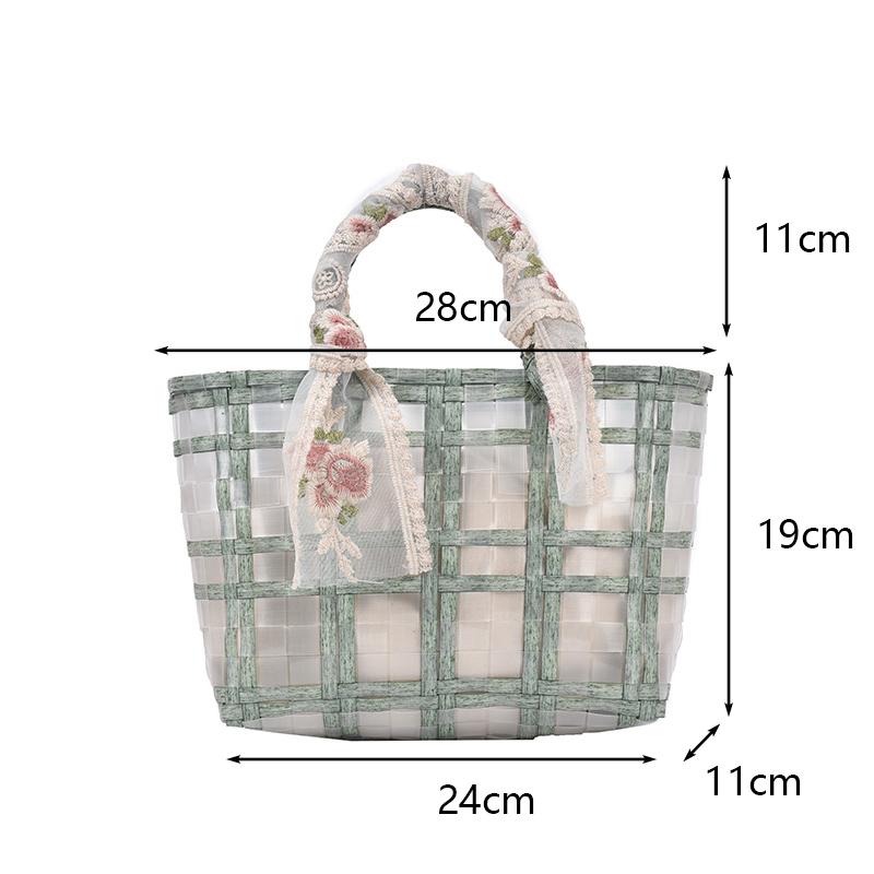 Yogodlns Summer Women Lace Bow Transparent Handag Large Capacity Beach Casual Woven Shopping Basket Tote Bag