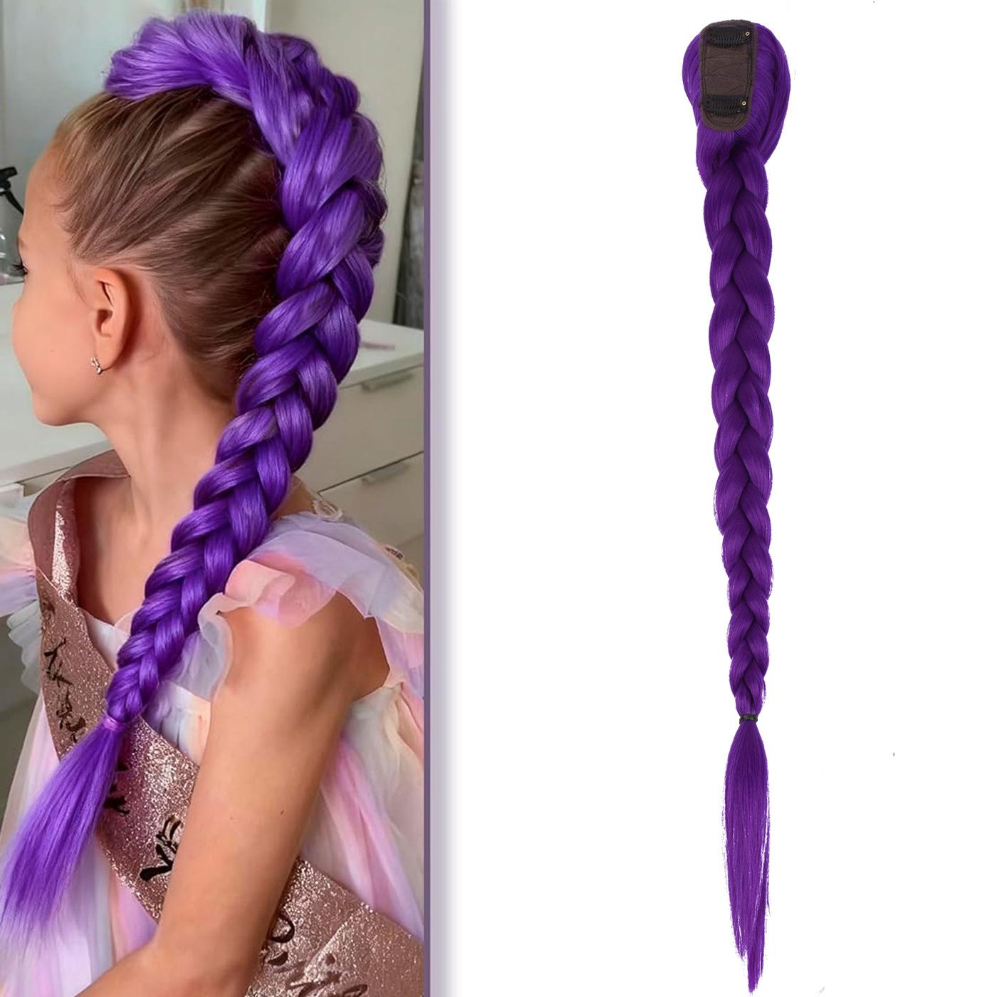 Synthetische Gevlochten Paarse Haar Paardenstaart Rumi Kostuum Kapsel 26 inch Lange Paardenstaart met Clips voor Kinderen Meisjes Halloween Kerst blue