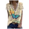 Women Summer V-neck Butterfly Print Short Sleeve Lace Patchwork T-Shirts  Blouse