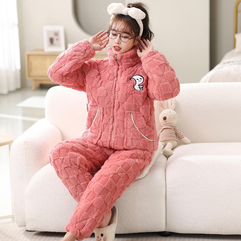 Pajamas women's winter thickened three-layer padded cotton and fleece to keep warm, large size can be worn outside coral fleece loungewear