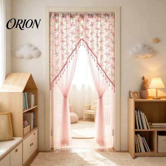 Romantic Home Decor for Living Room Sheer Floral Door Curtain with Beads, Lace Embroidered Gauze Double Layer Divider, Rod Pocket Doorway Bedroom