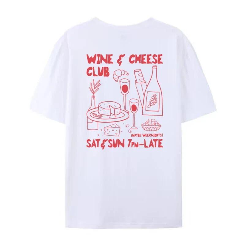 Retro Stijl Kaas En Wijn Club Grafische T-shirts Voor Unisex Schattig Grappig Voedsel Liefhebber Streetwear Mode Zomer T-shirt