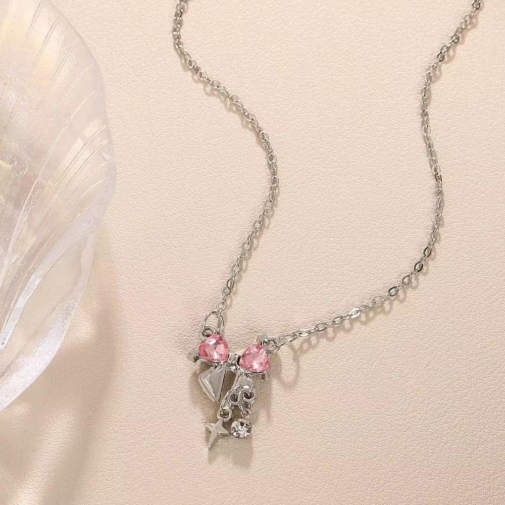 Sweet Pink Bow Necklace Ladies Fashion Sparkling Rhinestone Star Shape Pendant Clavicle Chain Delicate Wedding Accesories