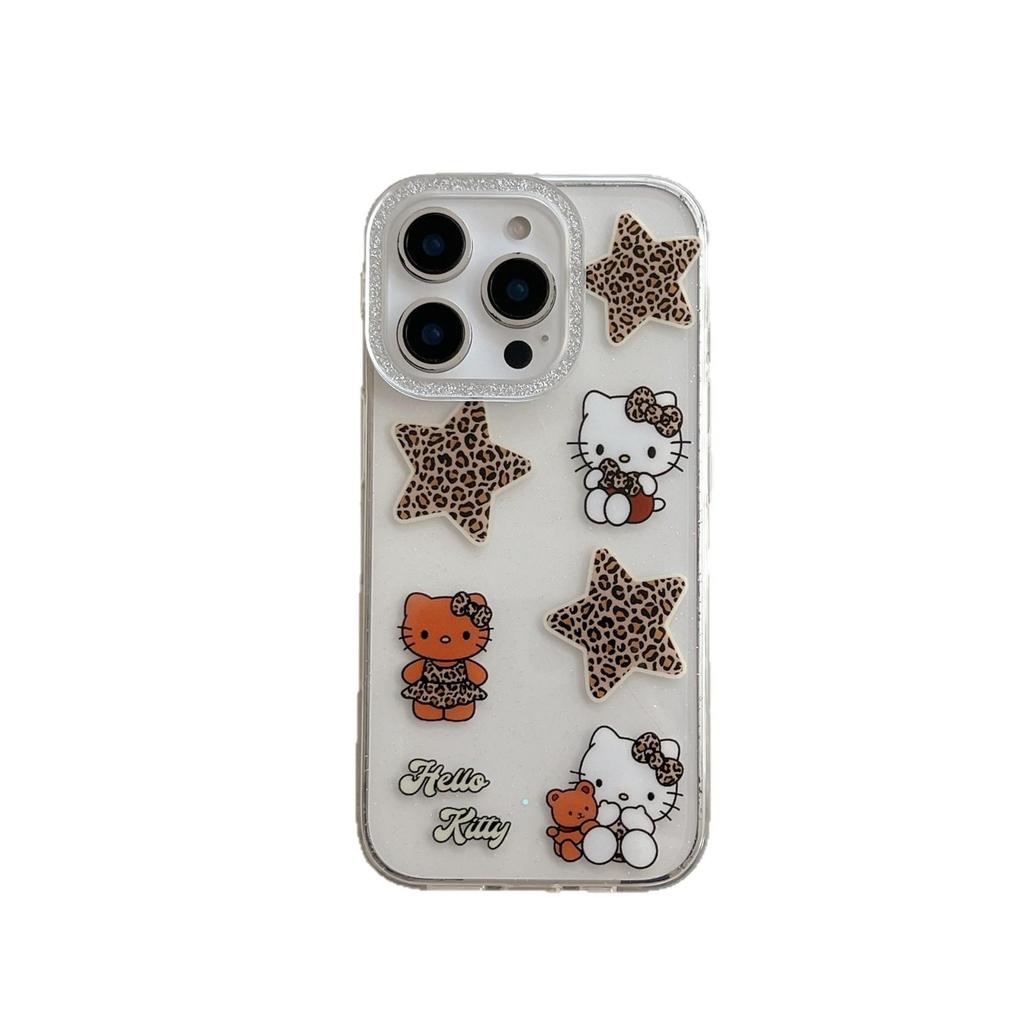 Translucent Glitter Star Leopard Kitty Phone Case for iPhone 17/16 Pro Max/15/14