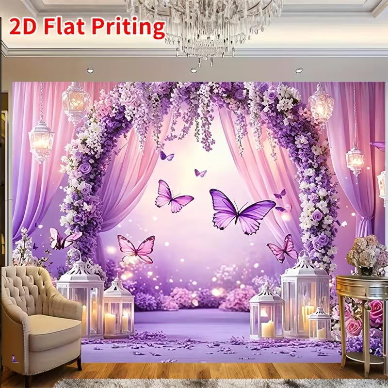 2D Printed Backdrop with Purple Flower Arch, Butterflies, Lanterns and Sheer Curtains
