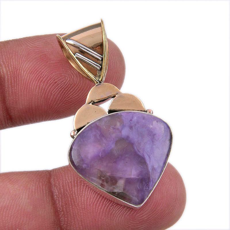 

Natural Charoite Gemstone 925 Solid Sterling Silver Two Tone Pendant 1.50 i5h78