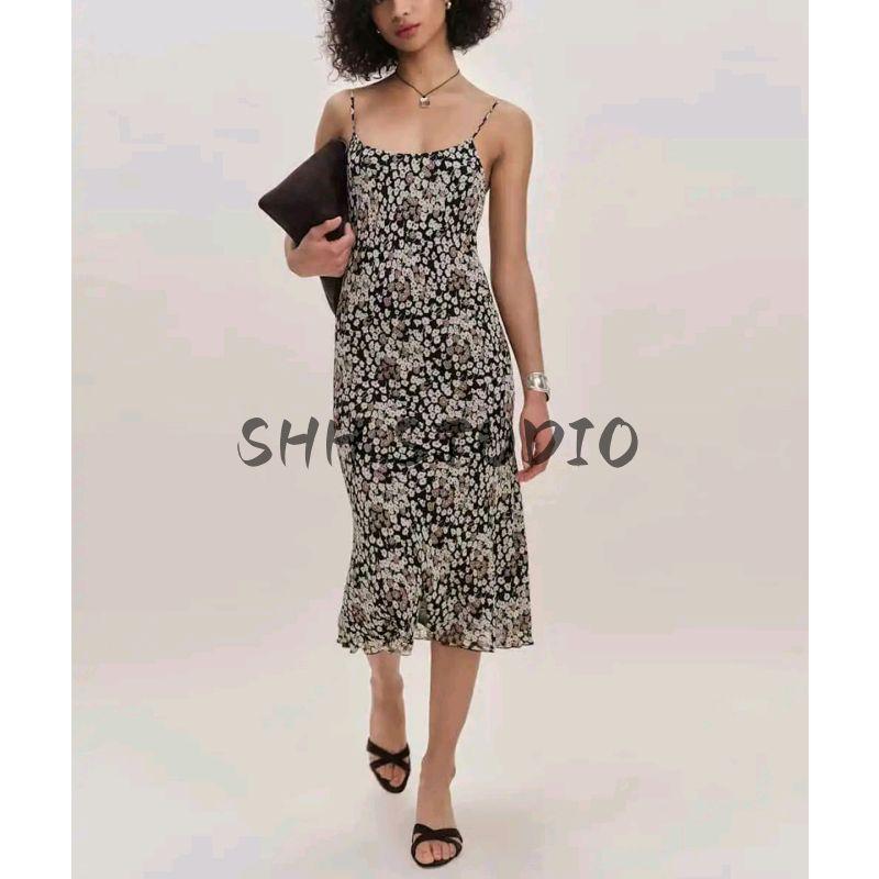Summer New Product Women's Clothes French Vintage Style Printed Waist-Controlled Slimming Long Sheath Fishtail Sling Dress