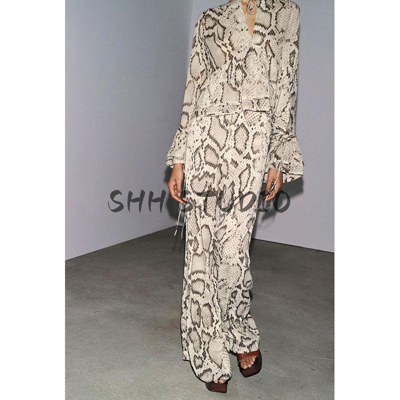 Round Neck Long Sleeves Animal Pattern Print Shirt 3716826 Mid-Waist Straight Translucent Pants 3660828