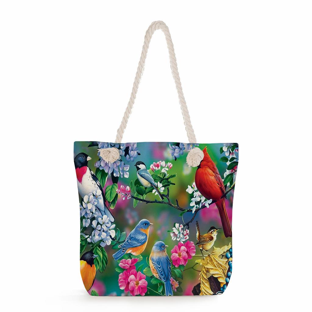 Flower Bird print thick rope single-shoulder beach bag 7272 CLE
