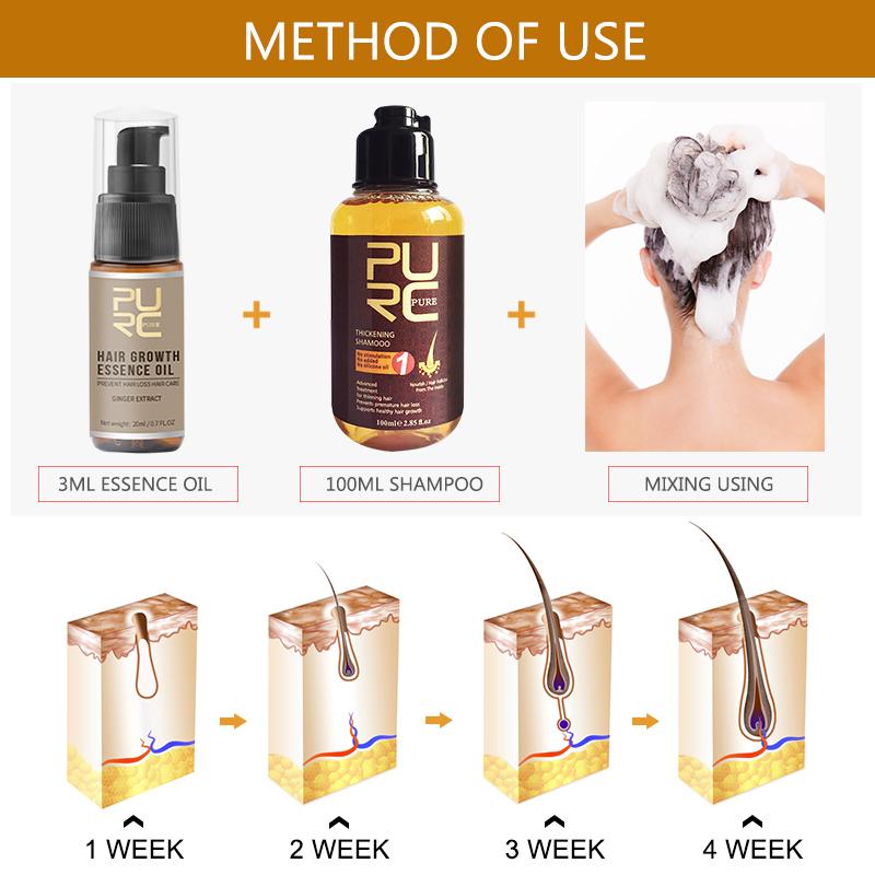 PURC Ensemble d'huiles de shampoing pour la croissance des cheveux, Essence de gingembre, Anti-perte de cheveux, traitements pour cheveux et cuir chevelu, produits pour hommes et femmes