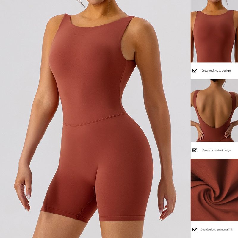 Fashion Nude Feel Hollow-out Beauty Back Yoga Jumpsuit Tight Sports Fitness Hip Lifting Jumpsuit Yoga Shorts Women