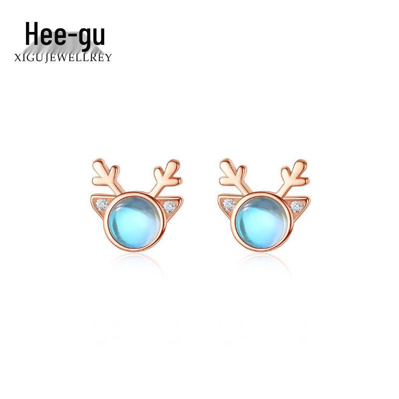 Higu E1015 S925 Silver Moonstone Antler Stud Earrings - New Christmas Trend, Mori Style