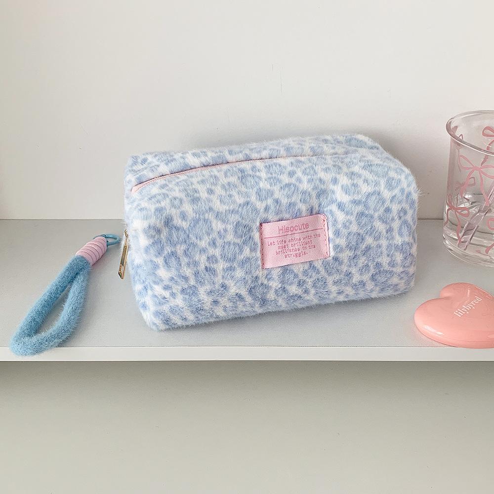 Plush leopard print makeup bag, student portable stationery bag, pencil case, desktop storage bag, sanitary napkin storage bag
