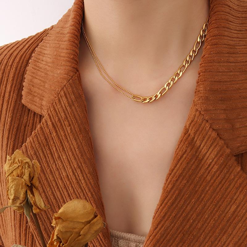 18K Gold Plated Bead Patchwork Necklace & Bracelet Set in Titanium Steel, European & American Fashion.