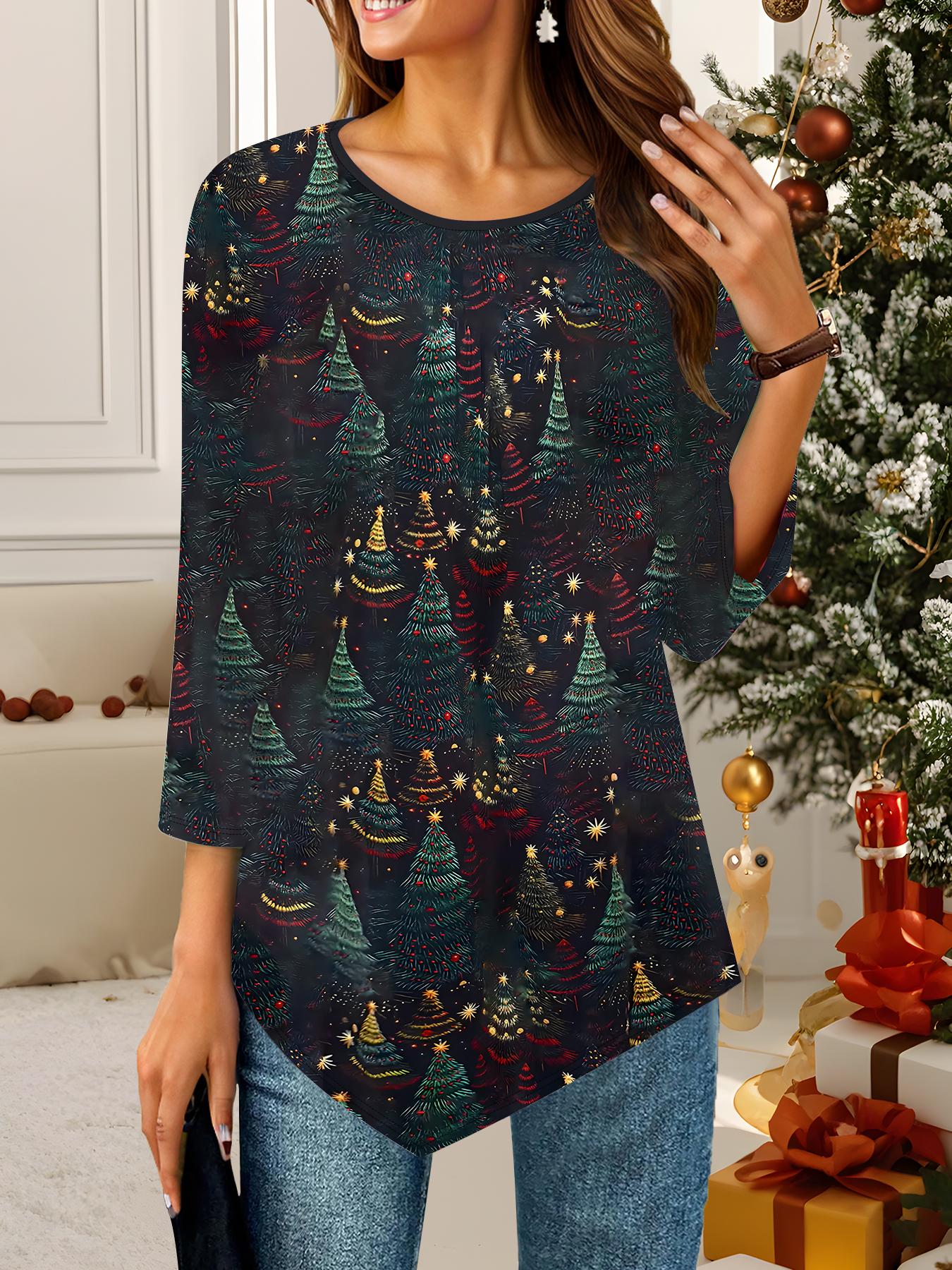 

Женская свободная футболка с круглым вырезом и рукавом три четверти с 3D рождественским узором. Идеальный подарок на Хэллоуин и Рождество. 2XL зелёный