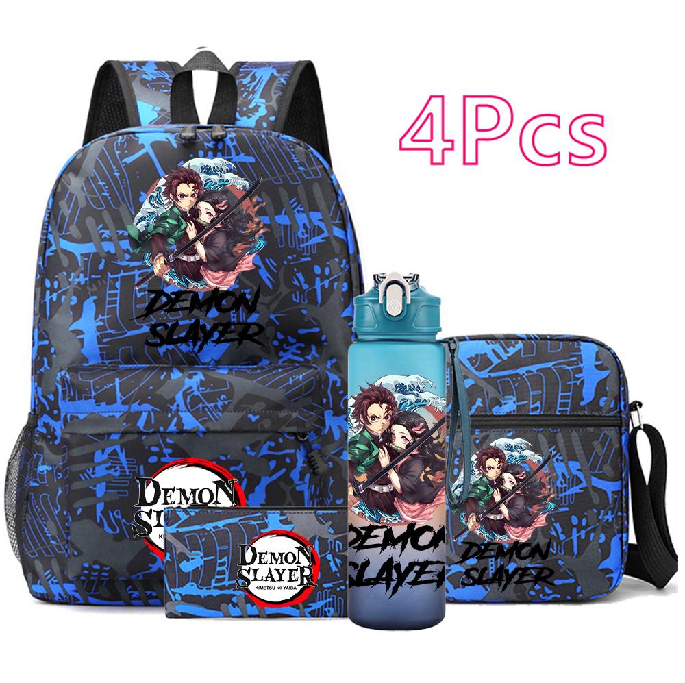 4 Pezzi/set Zaino Stampato Anime Demon Slayer Grande Capacità Borsa per Libri Borsa a Spalla Custodia per Borsa con Borraccia da 750ml Ragazzo Ragazza Zaino Impermeabile