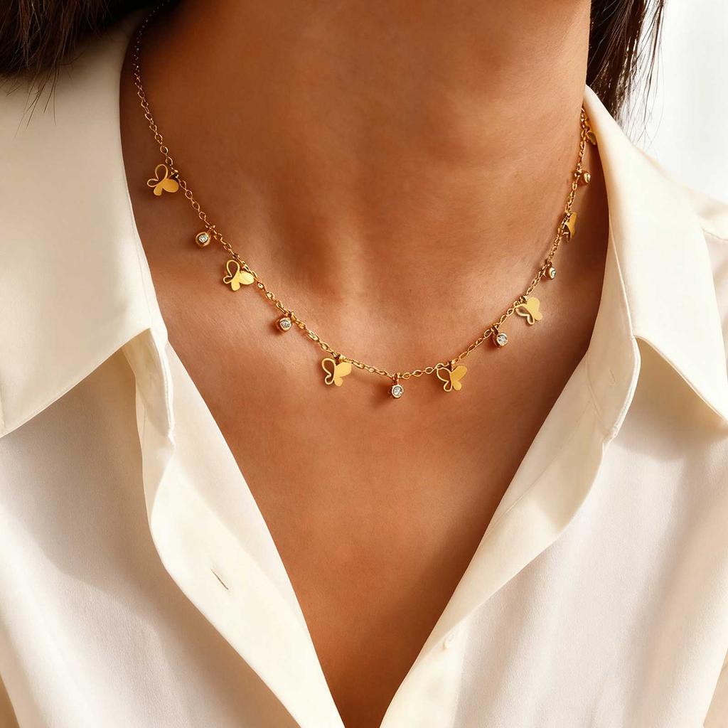 Stainless Steel Hollow Butterfly Zircon Necklace for Women,Gold Color Flat Rolo Chain Necklaces,Fashion Daily Party Jewelry Gift