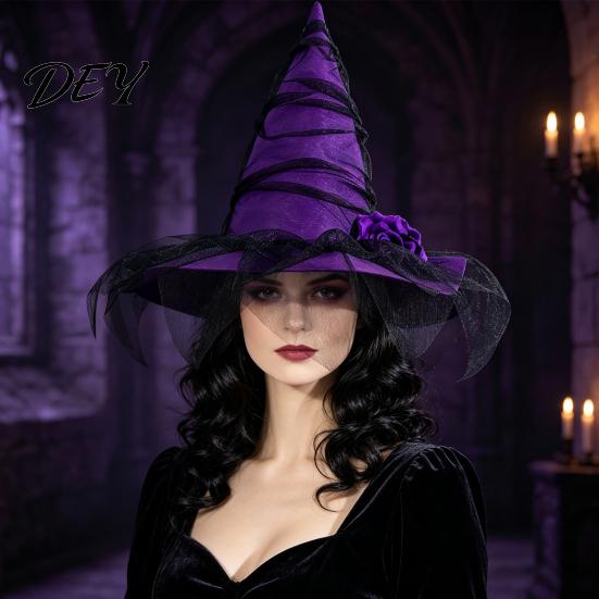 Fashionable Gothic Theme Party Props Halloween Witch Hat for Women, Mesh Rose Flower Soft Skin Friendly Headgear Wizard Costume, Cosplay Breathable