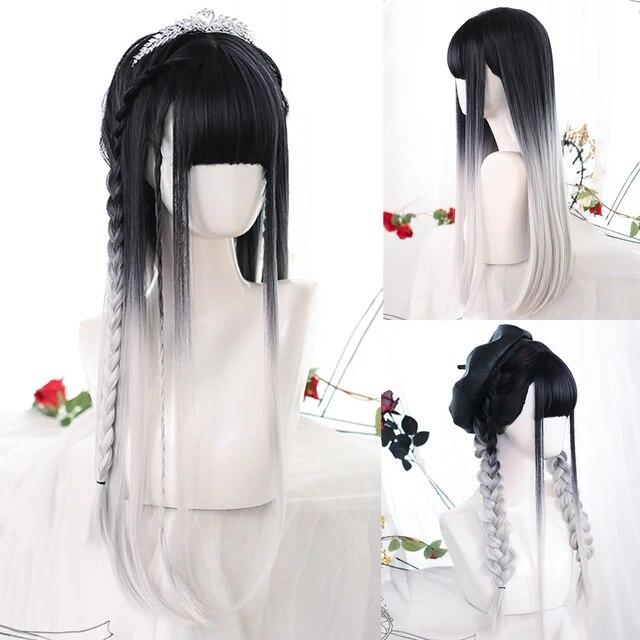 Synthetic Natural Black Wigs Long Wavy Wig for Women with Bangs Halloween Party Daily Heat Resistant Fibre Hair Wigs