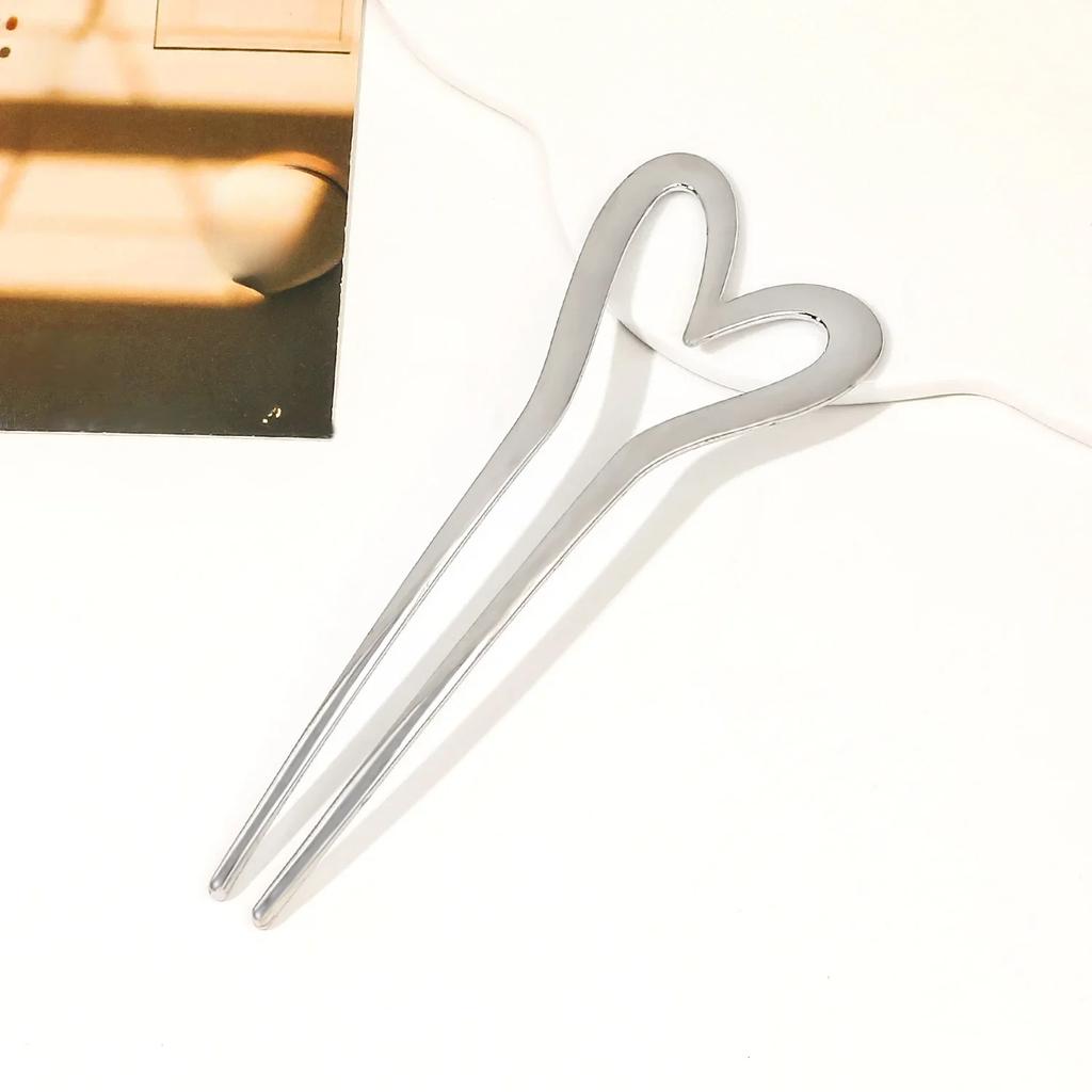 Korean Metal U Shape Love Heart Hair Pins for Women Girls Silver Gold Color Hairwear Simple Heart Shaped Hair Sticks Accessories