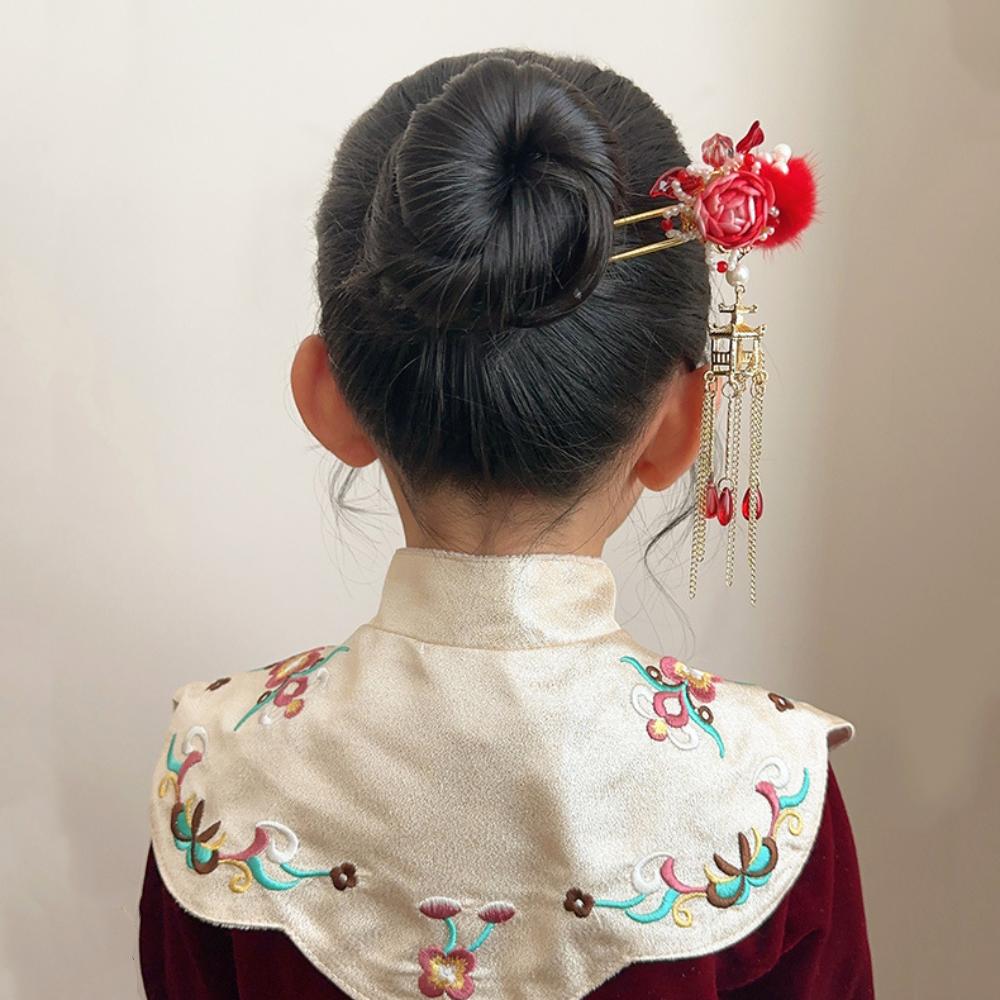 Red Flower Chinese Headwear Classic Hanfu Hairpin Hair Ornaments Pendant Hair Stick Women