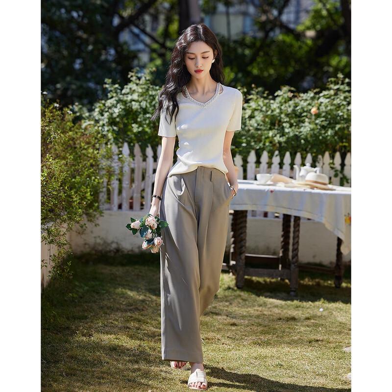 Women's French V-Neck Beaded Hollow-Out Knit Top