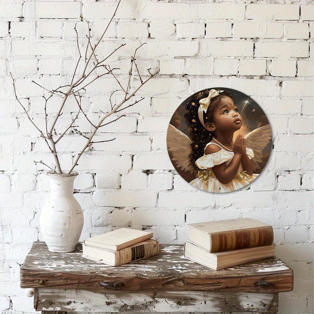 Angel Theme Wooden Art Sign (8x8 Inches) - Adorable Style Circular Wood Wall Decor for Garden, Farmhouse, Office, Home, Garage, and Coffee Spaces -