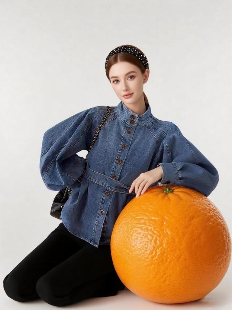 Retro Light Luxury Denim Top with Tie-Waist and Lantern Sleeves