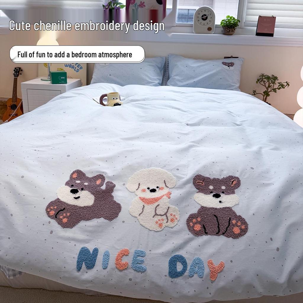 2025 New Style Full Cotton Embroidery Bedding Set: Includes Duvet Cover, Bed Sheet, and Three-Piece Dorm Towel Set