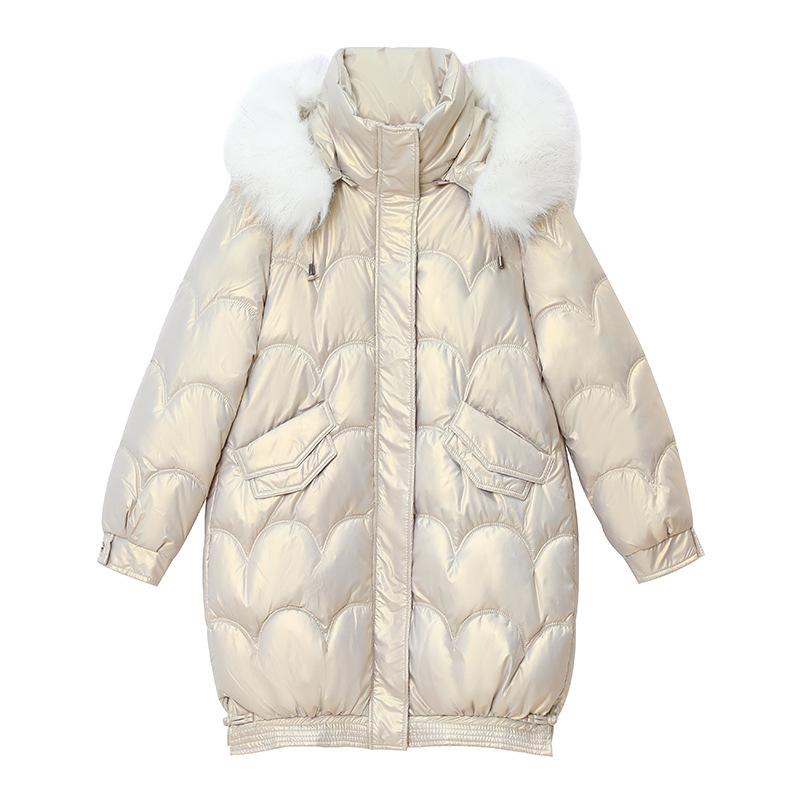 NEW Women's Glossy Down Cotton  Jacket Winter New Fur Collar Hooded Coat Female Warm Parkas Fashion Casual Loose Long Overcoat