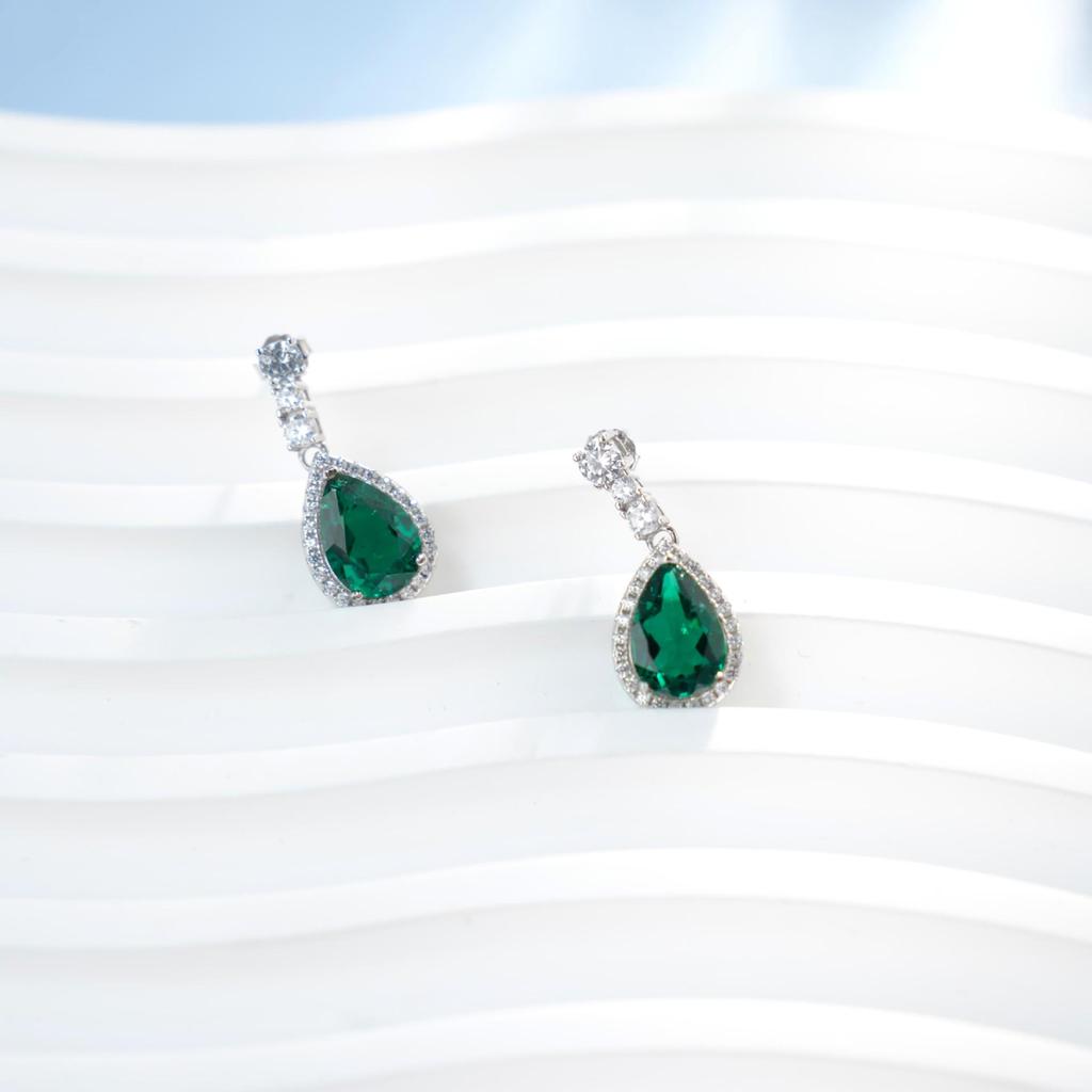 S925 Sterling Silver Water Drop Emerald Halo Earrings with Gemstones for Women - Elegant Studs for Evening Parties & Weddings