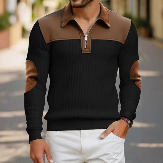 Herr Quarter Zip Tröja Långärmad Nedvikbar Krage Pullover Färgblock Jacquard Sweatshirt med Armbågslappar för Street Daglig Användning