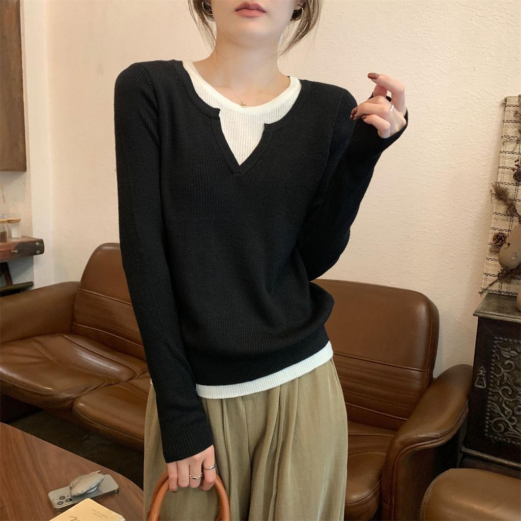 Soft waxy fake two-piece V-neck sweater women's 2025 spring Japanese lazy style long-sleeved inner top knitted bottoming shirt