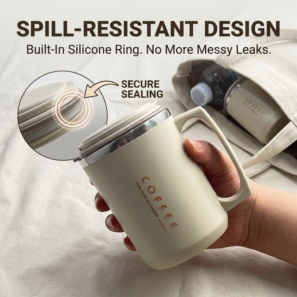 Thermal Coffee Mug Travel Tumbler 304 Stainless Steel Insulated Cup Leakproof with Handle Straw Lid Folding Spoon Portable