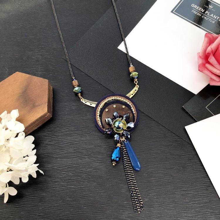 Eastern European style handmade retro fringed long necklace light luxury simple sweater chain crystal pendant versatile accessories