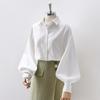 Lantern Sleeves Vintage Shirts Women Elegant White Womens Blouse with Lush Sleeves 2021 Fashion Button Up Shirt Black